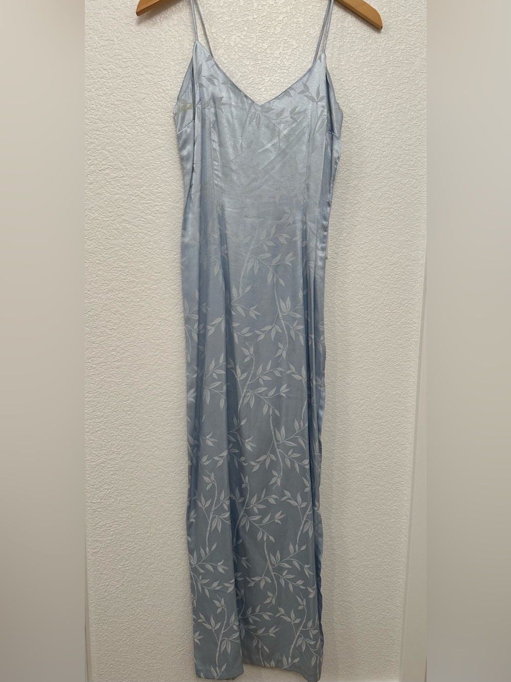 Light Blue Satin Slip Dress with Leaf Jacquard